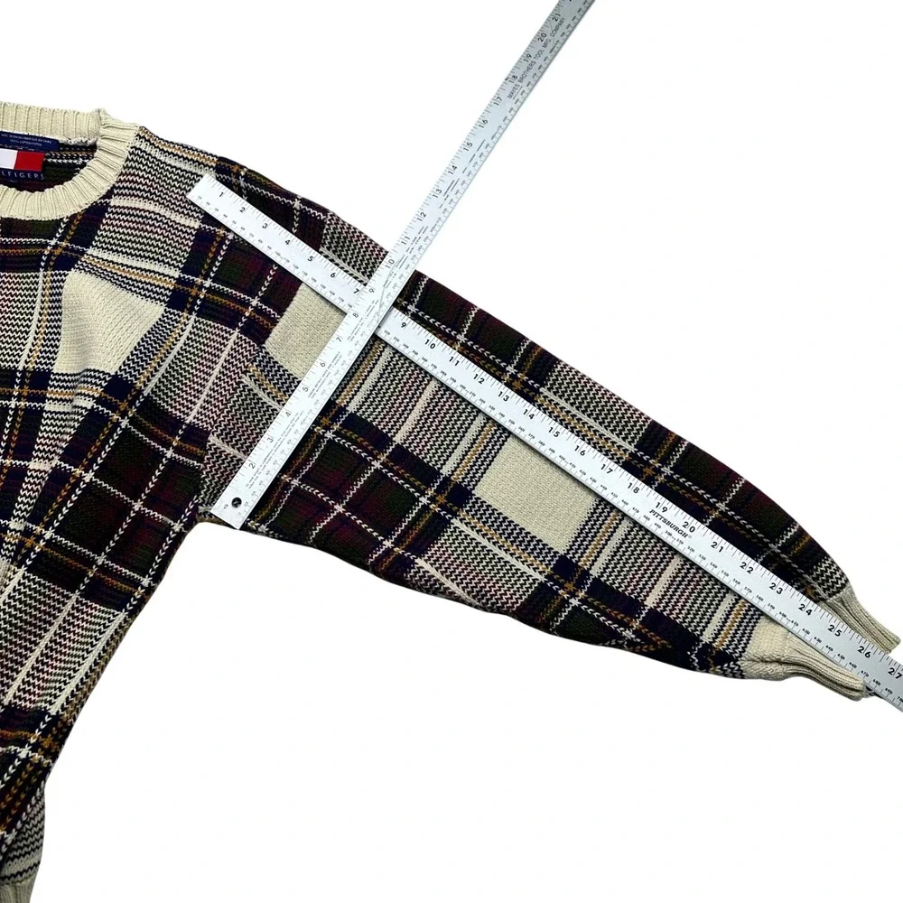 VTG Tommy Hilfiger Plaid Crew Neck Chunky Sweater Cotton Mens‎ M Burgundy Navy